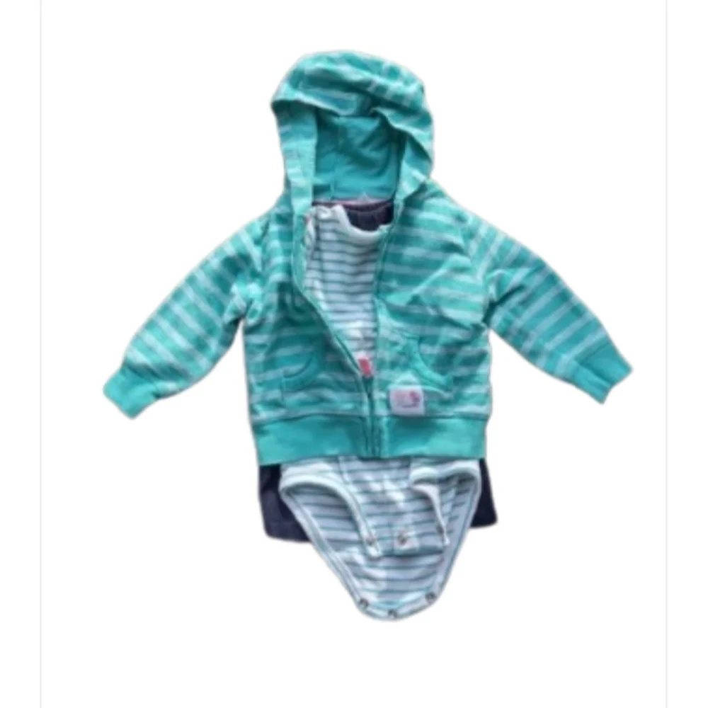 ⭐X) Carter’s Baby Girl 3-Piece Outfit 9 Months | Teal Striped Hoodie, Bodysuit &